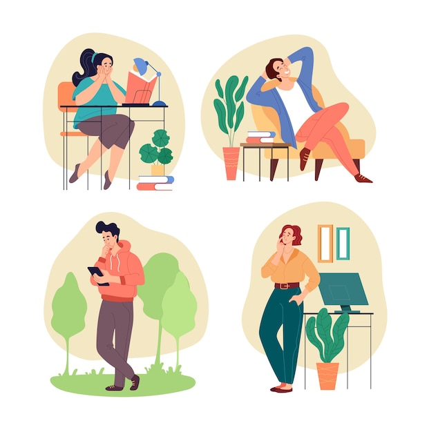Personas hombre mujer carácter pensando y soñando concepto aislado conjunto.