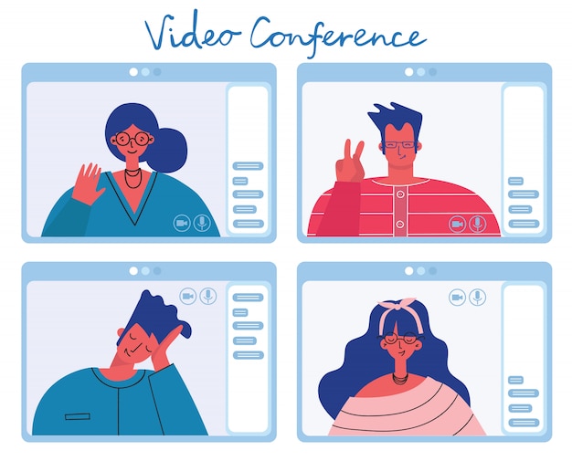 Las personas hombre y mujer o niña hacen una videollamada, chat o conferencia. ilustración colorida en estilo plano moderno.