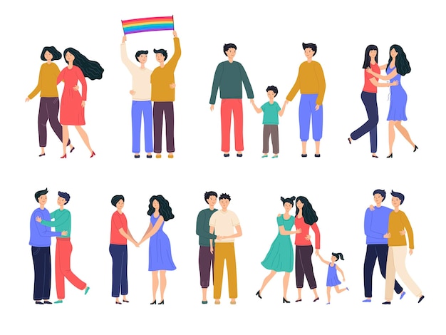 Personas homosexuales Comunidad lgbt multirracial amantes de personas lesbianas y gays personajes vectoriales recientes en estilo plano Ilustración de lgbt homosexual multirracial