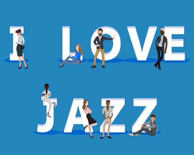 Vector personas en i love jazz para presentaciones de aplicaciones móviles web