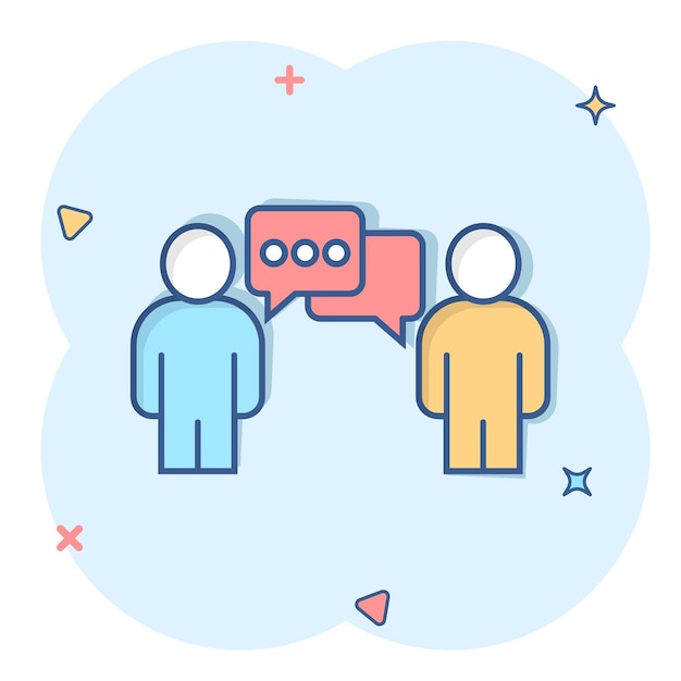 Personas con icono de burbuja de discurso en estilo cómico Ilustración de vector de dibujos animados de chat sobre fondo blanco aislado Concepto de negocio de efecto de salpicadura de diálogo de altavoz