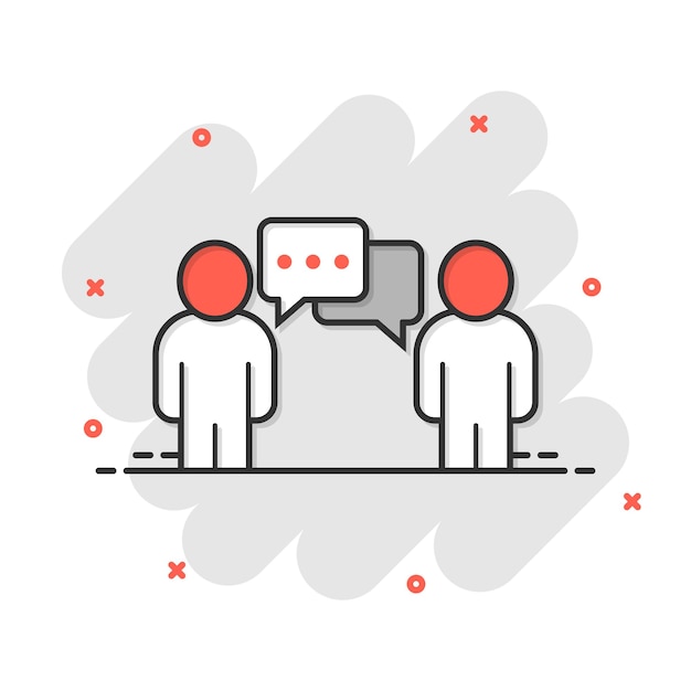 Personas con icono de burbuja de discurso en estilo cómico Ilustración de vector de dibujos animados de chat sobre fondo blanco aislado Concepto de negocio de efecto de salpicadura de diálogo de altavoz