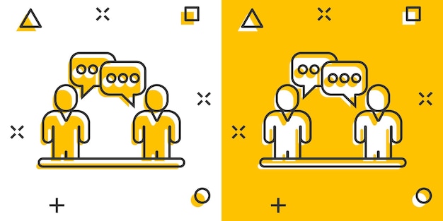 Personas con icono de burbuja de discurso en estilo cómico Ilustración de vector de dibujos animados de chat sobre fondo blanco aislado Concepto de negocio de efecto de salpicadura de diálogo de altavoz