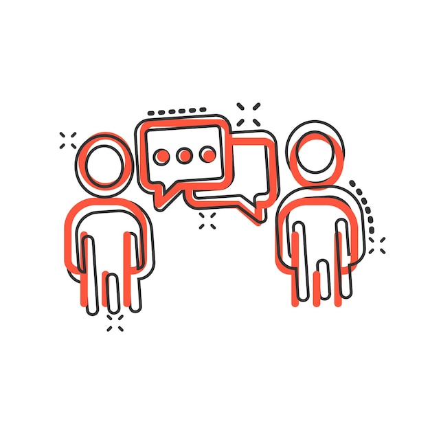 Personas con icono de burbuja de discurso en estilo cómico Ilustración de vector de dibujos animados de chat sobre fondo blanco aislado Concepto de negocio de efecto de salpicadura de diálogo de altavoz