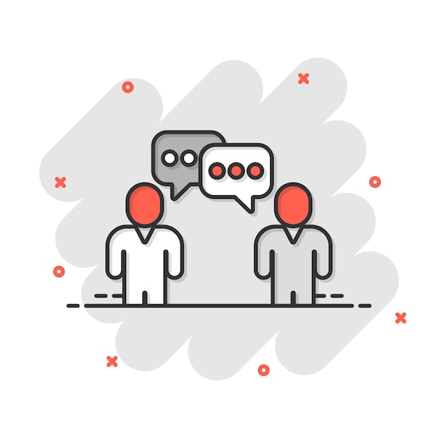 Personas con icono de burbuja de discurso en estilo cómico Ilustración de vector de dibujos animados de chat sobre fondo blanco aislado Concepto de negocio de efecto de salpicadura de diálogo de altavoz