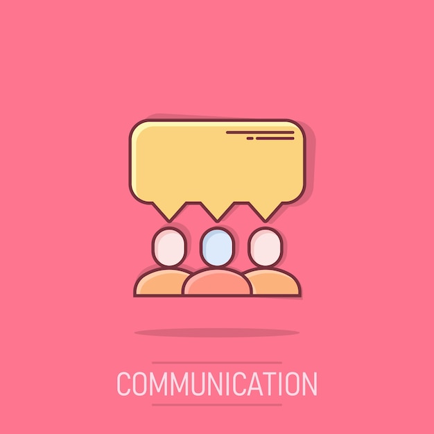 Personas con icono de burbuja de habla en estilo cómico Ilustración vectorial de dibujos animados de chat en fondo aislado Efecto de salpicaduras de diálogo del orador Concepto de negocio