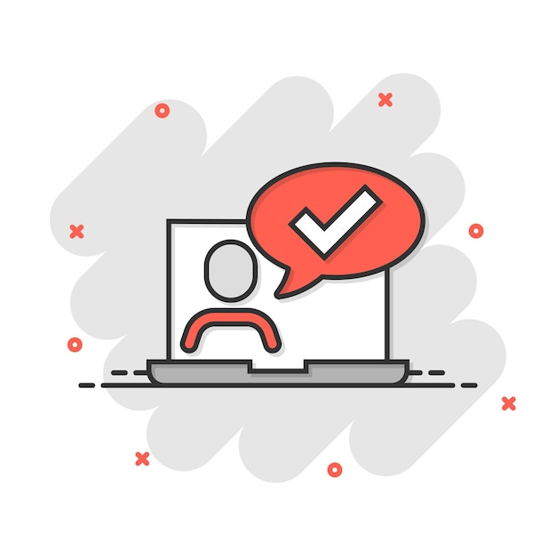 Personas con icono de computadora portátil en estilo cómico Ilustración de vector de dibujos animados de marca de verificación de usuario de PC sobre fondo blanco aislado Concepto de negocio de efecto de salpicadura de administrador de oficina