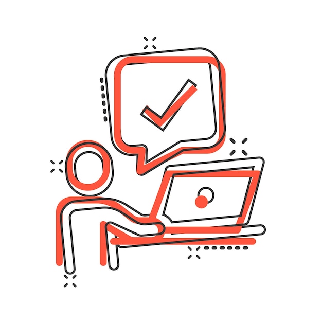 Personas con icono de computadora portátil en estilo cómico Ilustración de vector de dibujos animados de marca de verificación de usuario de PC sobre fondo blanco aislado Concepto de negocio de efecto de salpicadura de administrador de oficina