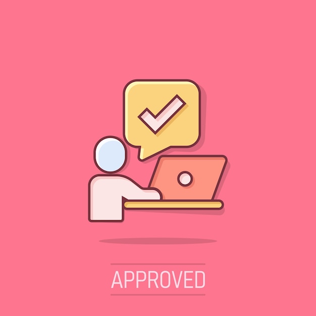 Personas con icono de computadora portátil en estilo cómico Pc usuario marca de verificación ilustración vectorial de dibujos animados en fondo aislado Gerente de oficina efecto de salpicaduras concepto de negocio