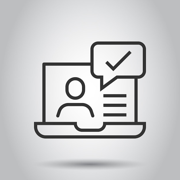 Personas con icono de computadora portátil en estilo plano Ilustración de vector de marca de verificación de usuario de PC sobre fondo blanco aislado Concepto de negocio de administrador de oficina