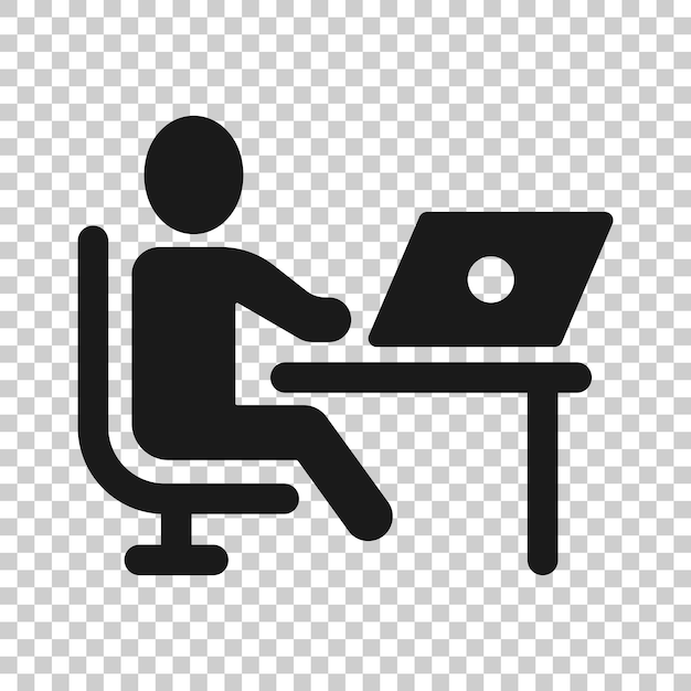 Personas con icono de computadora portátil en estilo plano Ilustración de vector de usuario de PC sobre fondo blanco aislado Concepto de negocio de administrador de oficina