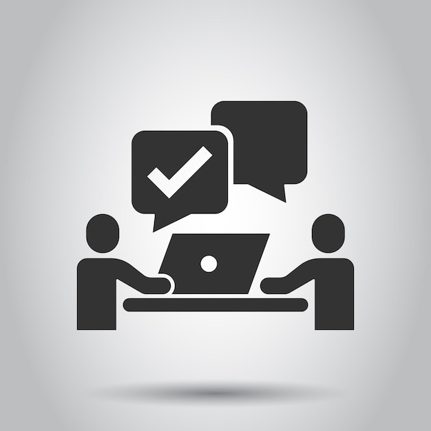 Personas con icono de computadora portátil en estilo plano Pc usuario marca de verificación ilustración vectorial en fondo blanco aislado Concepto de negocio de gerente de oficina