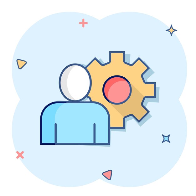 Personas con icono de engranaje en estilo cómic Ilustración de vector de dibujos animados de rueda dentada de persona sobre fondo blanco aislado Concepto de negocio de efecto de salpicadura de trabajo en equipo