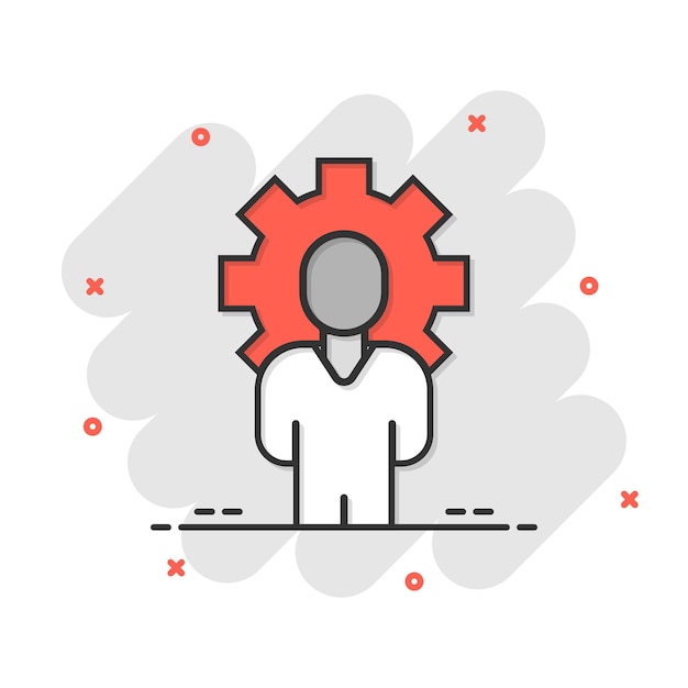 Personas con icono de engranaje en estilo cómic Ilustración de vector de dibujos animados de rueda dentada de persona sobre fondo blanco aislado Concepto de negocio de efecto de salpicadura de trabajo en equipo