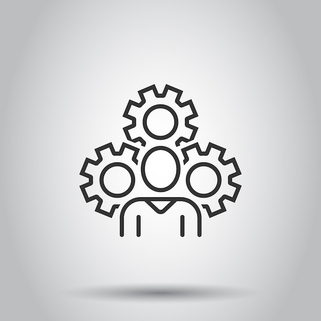 Personas con icono de engranaje en estilo plano Ilustración de vector de rueda dentada de persona sobre fondo blanco aislado Concepto de negocio de trabajo en equipo