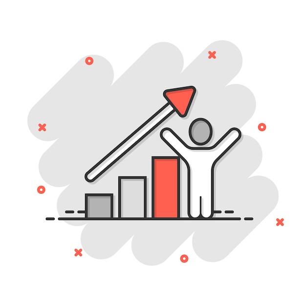 Personas con icono de flecha de crecimiento en estilo cómico Ilustración de vector de dibujos animados de estrategia de trabajo sobre fondo blanco aislado Concepto de negocio de efecto de salpicadura de entrenamiento de oficina