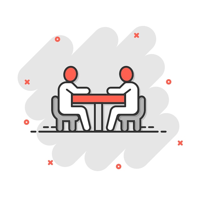 Personas con icono de mesa en estilo cómic Ilustración de vector de dibujos animados de conferencia de trabajo en equipo sobre fondo blanco aislado Concepto de negocio de efecto de salpicadura de diálogo de altavoz