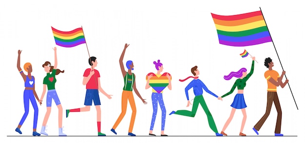 Personas en la ilustración del desfile del orgullo LGBT. Dibujos animados lesbiana gay bisexual transgénero queer grupo de personajes sosteniendo la bandera del arco iris sobre la discriminación sexual protesta LGBT desfile en blanco
