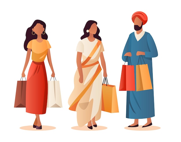 Vector personas indias con ropa tradicional sosteniendo bolsas de compras temporada grandes ventas oferta especial promoción descuento horizontal