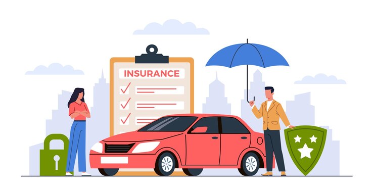 Vector personas involucradas en seguros de automóviles mujer firma contrato agente con paraguas y escudo enorme certificado protección contra accidentes guardia de automóviles plano de dibujos animados aislado concepto vectorial actual
