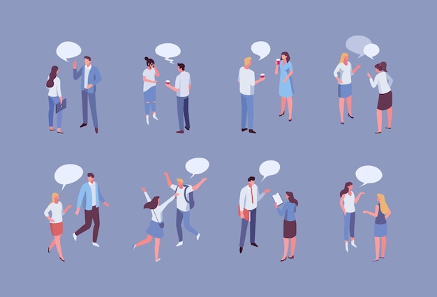Personas isométricas con burbujas de discurso conjunto de caracteres vectoriales Comunicación de conversación emocional