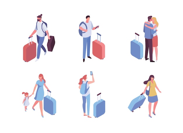 Personas isométricas en el conjunto de vectores del aeropuerto Viaje y vacaciones
