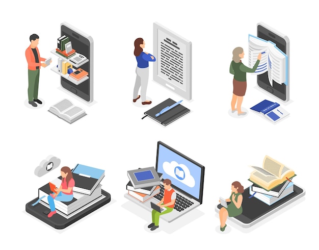 Personas isométricas educación en línea Hombre mujer leyendo y aprendiendo con libros en papel y digitales Adulto usando biblioteca en línea escenas vectoriales impecables