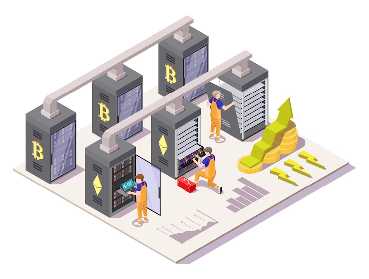 Vector personas isométricas instalan una granja de criptominería en la sala de servidores vector de tecnología de cadena de bloques de mina de bitcoin de criptomoneda