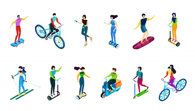 Personas isométricas montando bicicleta, scooter, vehículos, ilustración, personajes planos aislados en esquí blanco, skate, andar en patineta y gyroscooter.