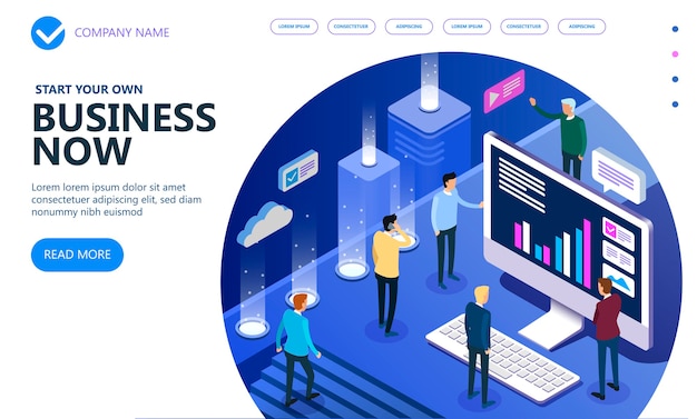 Vector personas isométricas de negocios que trabajan juntas y desarrollan una estrategia comercial exitosa, concepto isométrico de vector de marketing y finanzas, ilustración vectorial