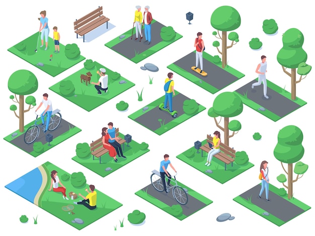 Personas isométricas en el parque de la ciudad, actividad al aire libre, recreación deportiva de picnic. Recreaciones activas al aire libre de verano, picnic, actividades portuarias conjunto de ilustraciones vectoriales. Escenas del parque de la ciudad
