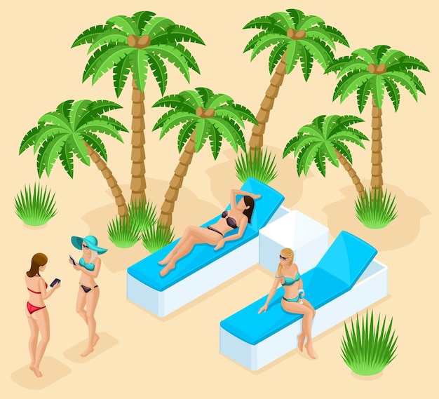 Personas isométricas persona 3d turistas chicas relajantes en la playa arena palmeras