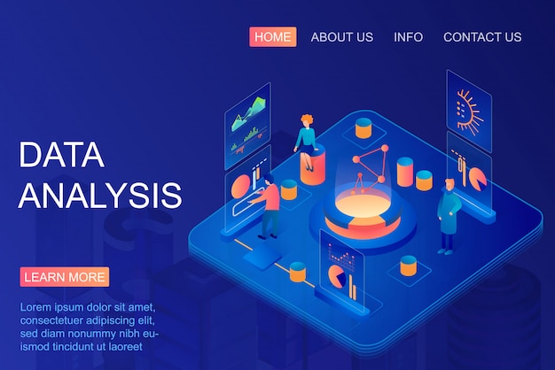 Personas isométricas que trabajan con gráficos mediante análisis de datos. servicio de análisis web y métricas de marketing. big data, investigación comercial y financiera. base de datos, página de inicio de almacenamiento de datos.