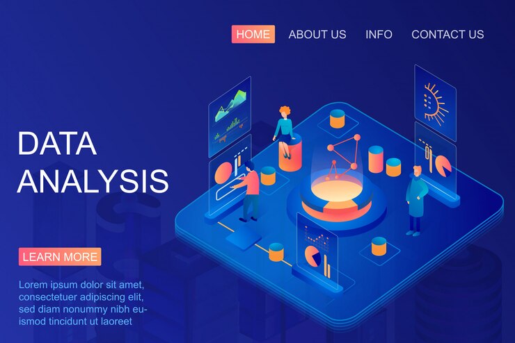 Vector personas isométricas que trabajan con gráficos mediante análisis de datos. servicio de análisis web y métricas de marketing. big data, investigación comercial y financiera. base de datos, página de inicio de almacenamiento de datos.