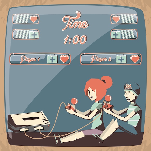 personas jugando videojuegos retro vector ilustración diseño