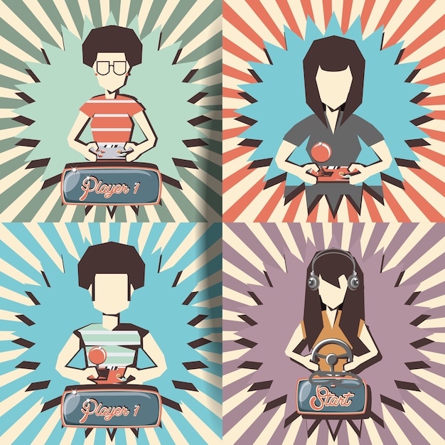 personas jugando videojuegos retro vector ilustración diseño