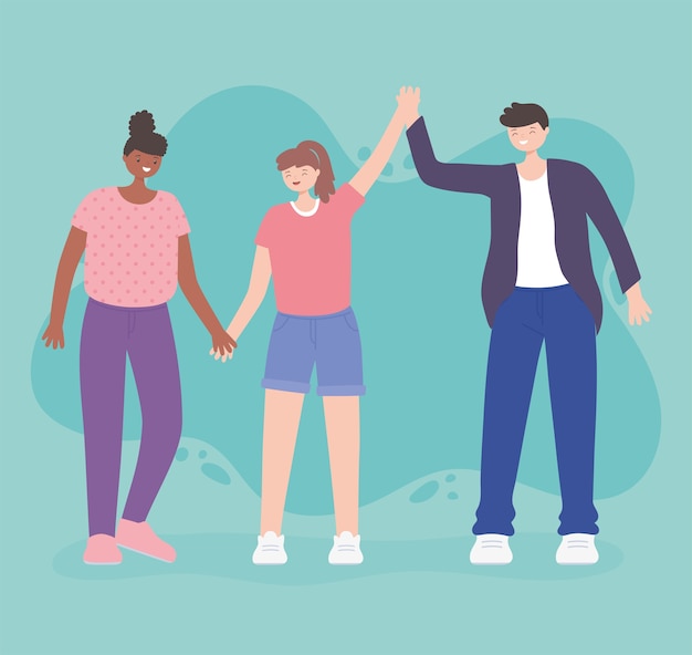 Personas juntas, hombre joven con mujeres tomados de la mano unión, personajes de dibujos animados masculinos y femeninos