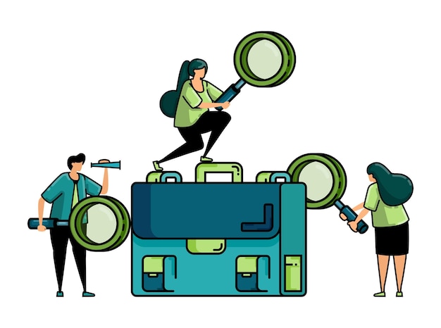 personas con lentes de ampliación y maletas en círculo para encontrar mejores trabajos metáfora