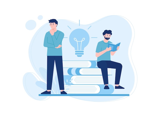 personas leyendo y estudiando mientras están sentadas en una ilustración plana de concepto de libro