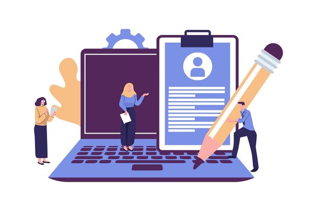 las personas llenan el formulario de perfil de datos de currículum diseño vectorial de ilustración de estilo plano