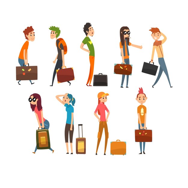 Personas, llevando, maletas pesadas, conjunto, joven, y, mujer, viajar, de, vacaciones, caricatura, vector, ilustración, aislado, en, un, fondo blanco