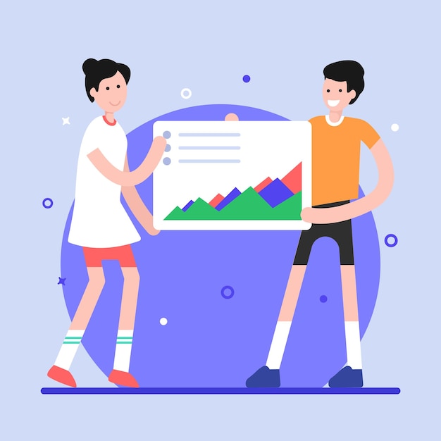 Personas con lupa y gráfico circular ilustración plana de análisis de datos
