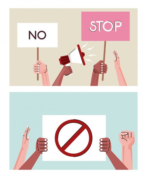Personas de manos interraciales que protestaban por levantar carteles y escenas de megáfono