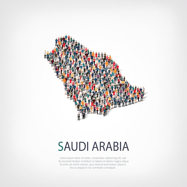 Personas, mapa de Arabia Saudita. Multitud formando una forma de país.