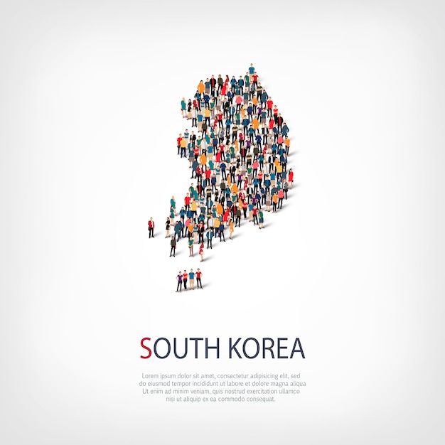 Personas, mapa de Corea del sur. Multitud formando una forma de país.