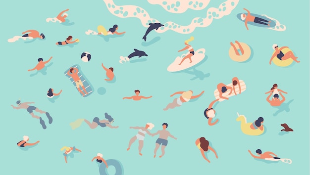 Personas en el mar o el océano realizando diversas actividades. Hombres y mujeres nadando, buceando, surfeando, tumbados en colchones de aire flotantes y tomando el sol, jugando con pelota. Ilustración de vector de dibujos animados plana.