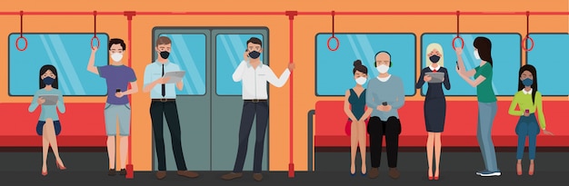 Personas en máscaras con dispositivos en la ilustración del concepto de personaje de metro