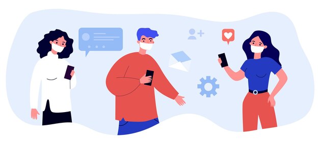 Personas con máscaras médicas en la cara charlando en línea. Niños y niñas con teléfonos móviles ilustración vectorial plana. Distancia social, concepto de comunicación para banner, diseño de sitios web o página web de destino