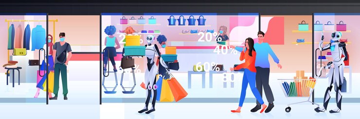 Vector personas con máscaras y robot con carrito caminando con compras de tecnología de inteligencia artificial