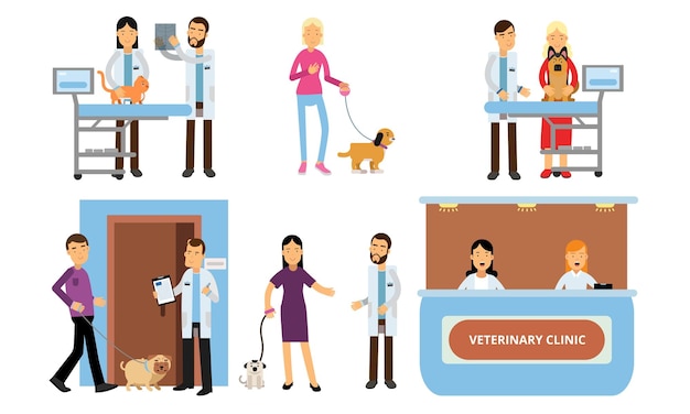 Vector las personas con mascotas en la clínica veterinaria esperan en fila se comunican con el médico y registran ilustración vectorial